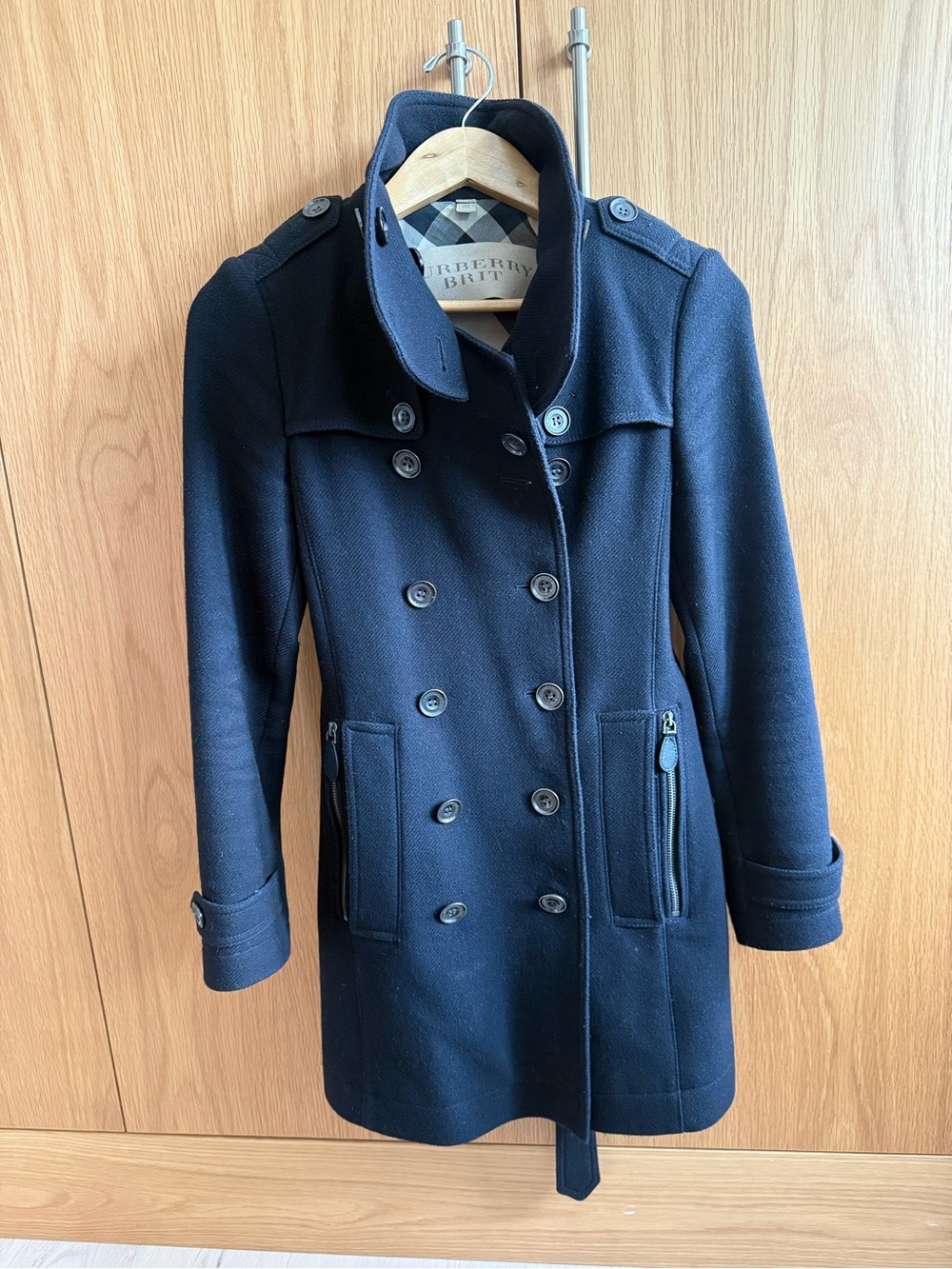 Burberry Navy Double-Breasted Wool Pea Coat